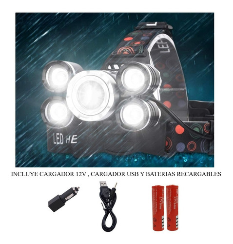 Imagen 4 de 10 de Linterna Led Recargable Minero Vincha 5 Cree T6 Usb 12v