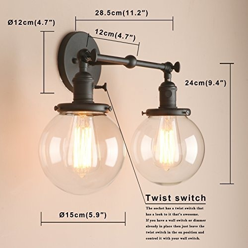 Lampara De Pared Vintage De 2 Luces Con Globo De Cristal