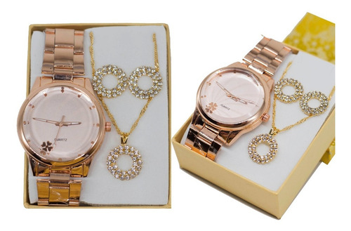Relógio Feminino Dourado + Kit Colar E Brinco Foliado + Caix