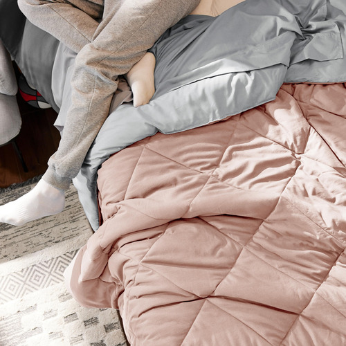 Juego Edredon Y Ropa De Cama Individual Xl Rosa Claro Y Gris
