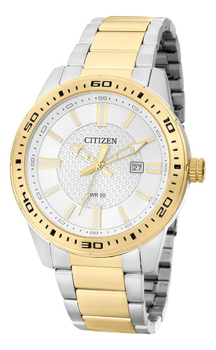 Relógio Citizen Masculino Quartz Bicolor De Luxo Bi1064-51a Cor da correia Prateado Cor do bisel Dourado Cor do fundo Branco