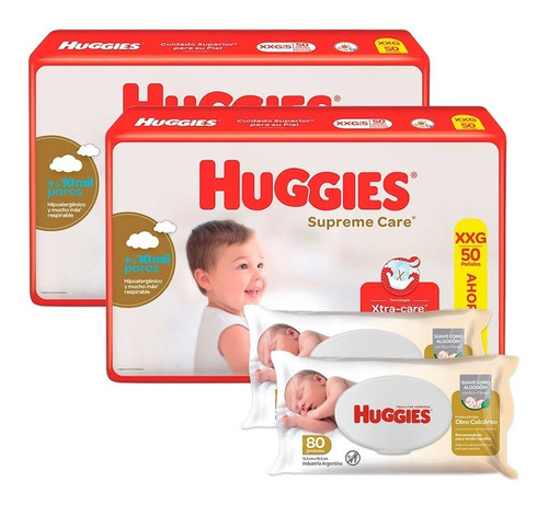 Imagen 1 de 9 de Huggies Supreme Care Xxg X 2 + Toallas Oleo Calcareo 80 X 2