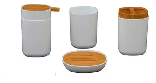 Set Baño Organizador Accesorio Bambu Dispenser Jabon Vaso X4