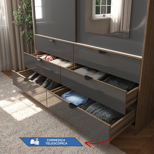 Guarda-roupa Roupeiro Cinza Grafite 2 Portas De Correr, 6 Gavetas, Espelho E Puxador Metálico - Estrutura Robusta Em Mdf, Ideal Para Quarto De Casal Ou Solteiro Design Industrial