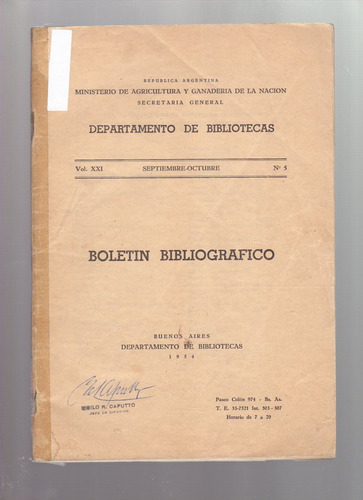 Boletín Bibliográfico Ministerio Agricultura De Nación 1954