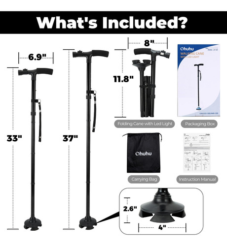 Bastón Plegable Con Luz Led Ajustable Y Portátil Para Camina