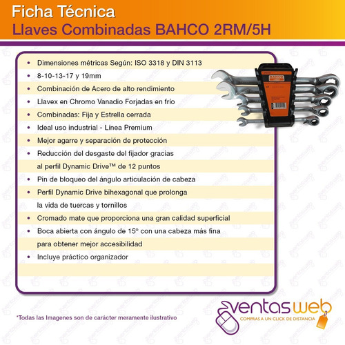 Imagen 3 de 4 de Juego Set De 5 Llaves Combinadas Con Crique Calidad Bahco