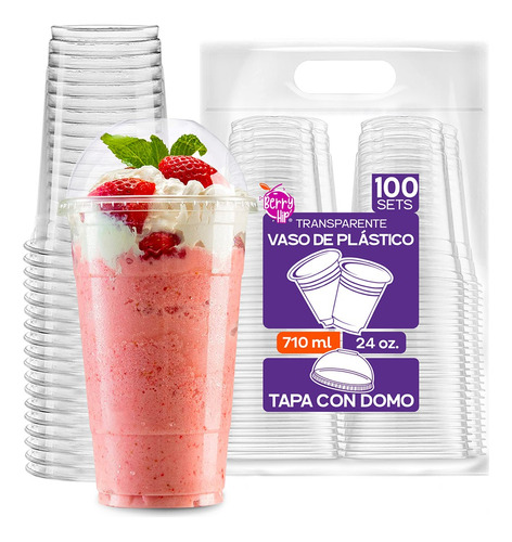 100 Vasos Desechables De Plástico Con Tapa Tipo Domo 24 Oz Color Transparente