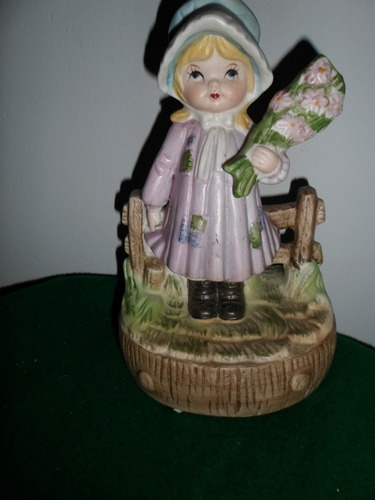 Figura Musical Porcelana Biscuit Nena Con Flores