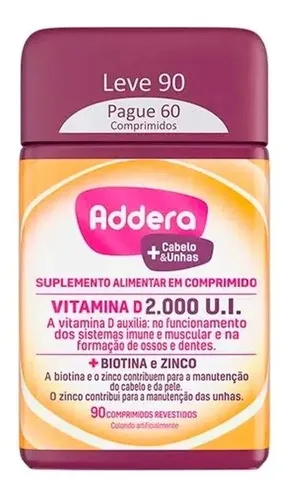 Addera +cabelos E Unhas Vitamina D 2.000u.i. 90 Comprimidos Sabor Without flavor Menor preço em Addera +cabelos E Unhas Vitamina D 2.000u.i. 90 Comprimidos Sabor Without flavor