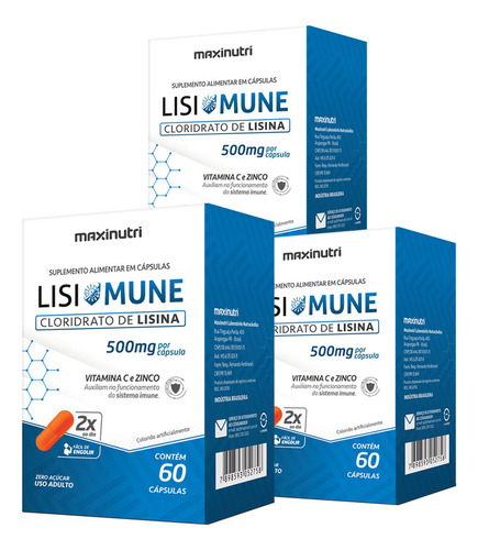 Kit 03 Lisimune Lisina Vitamina C Zinco 60 Caps Maxinutri