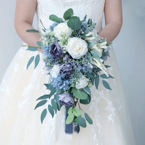 Uwedding Ramo Novia Cascada 9  Color Azul Polvoriento Flor