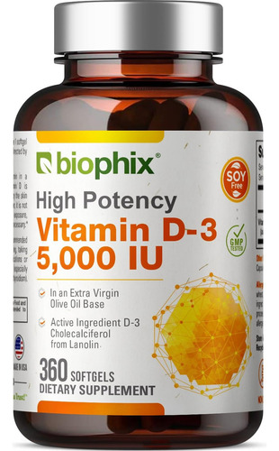 Vitamina D3 5000 Ui Con 360 Capsulas Biophix Hecho En Usa Sabor Sin Sabor