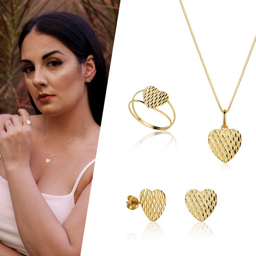 Conjunto Feminino Coração Ouro 18k 50cm + Anel + Brincos