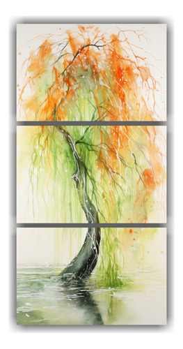 75x150cm Cuadro Abstracto Verde Naranja Árbol Sauce Flores