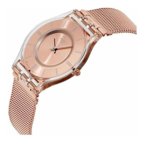 Reloj pulsera Swatch Originals Hello darling de cuerpo color transparente, analógico, para mujer, fondo rosa dorado, con correa de acero inoxidable color rosa, agujas color plateado, dial rosa, bisel color transparente y hebilla de gancho