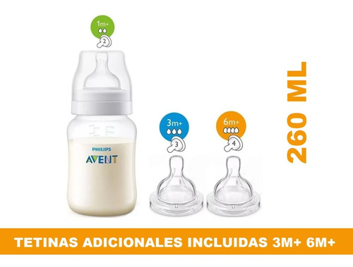 Set Mamadera Avent Classic® 260ml + Tetinas 3m+ 6m+ 809/15