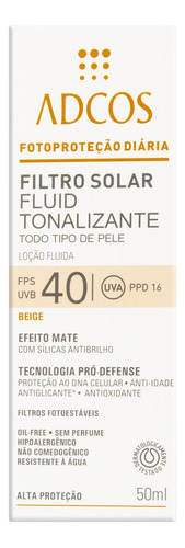 Protetor Solar Tonalizante Fluid FPS 40 sem Perfume Beige Adcos Caixa 50ml