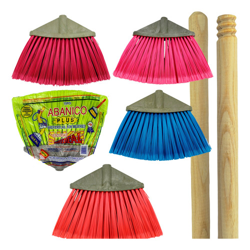3 Escobas Cepillo Abanico Plus Ideal Con Bastón Madera