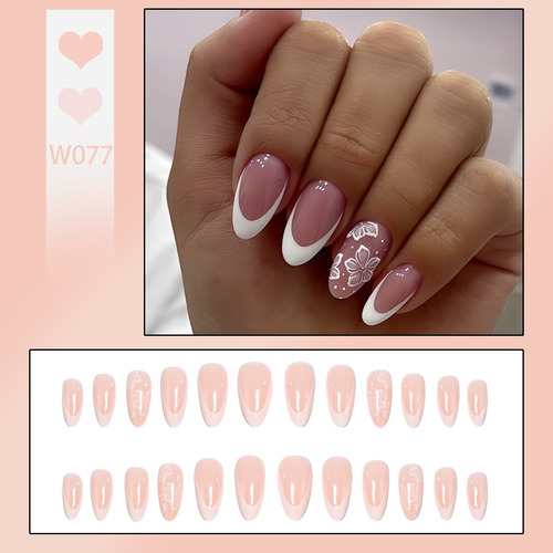 Unhas Postiças Francesas Simples Com Flores Brancas E Unhas