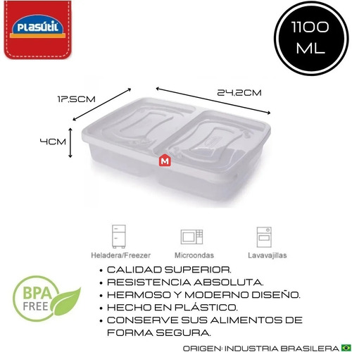 Recipiente hermético com 2 compartimentos 1100cc Plasutil