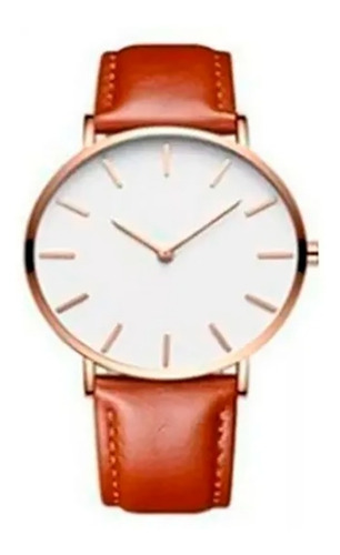 Reloj Ultra Delgado Correa Cafe Fondo Blanco Marco Dorado