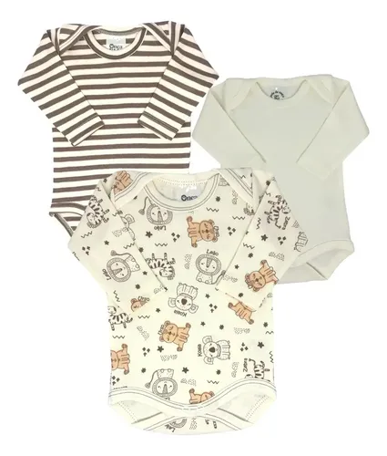 Kit 3 Bodies Manga Longa Safári Listrado Off-White 100% Algodão