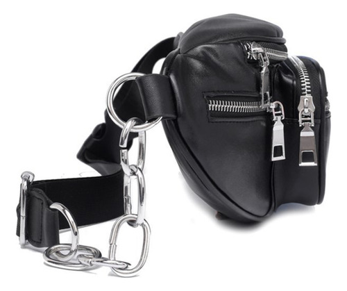 Riñonera En Cuero Pu Gran Tamaño Bolsillos Con Cadena Diseño De La Tela Negro