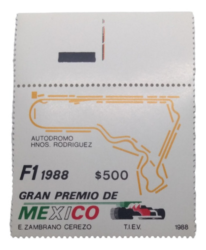 Timbre Postal Gran Premio De México Fórmula 1 Año 1988 Mint 