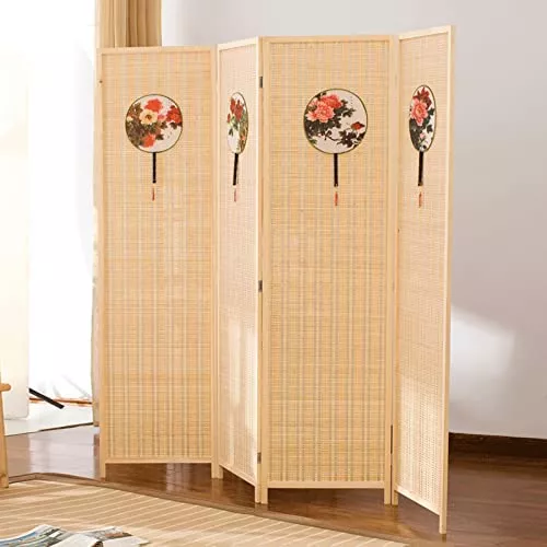 Biombo decorativo portátil de bambú trenzado, 4 paneles plegables, pantalla  divisoria, Bambú, Beige