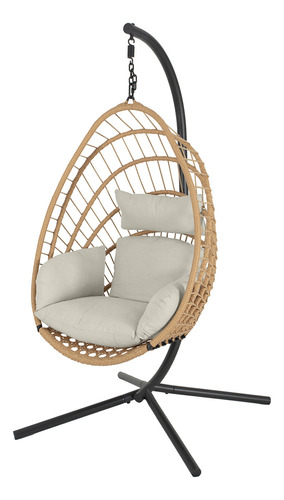 Silla Colgante Tulum De Mimbre Para Terraza Con Base Color Beige