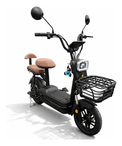 Scooter elétrica Zurbe Zoom preta com assento marrom, guidão e farol dianteiro