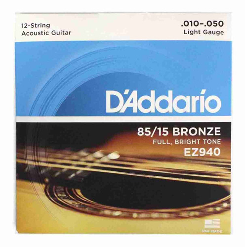 Encordoamento Daddario Bronze Violão Aço 12 Cordas 010 Ez940