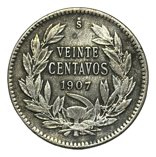 Moneda Chile 20 Centavos Año 1907 Km# 151.2 Plata 0.500