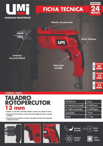 Imagen 2 de 5 de Taladro Percutor 550w 13mm Vel-var Reversa Industrial Umi