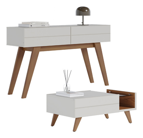 Kit Aparador Com Mesa De Centro Meira Off White Matte Freijó