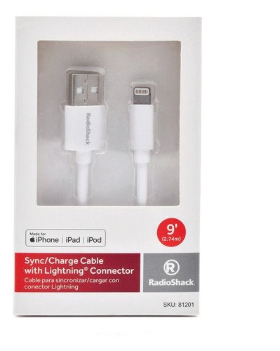 Cable Usb-lightning Radioshack (blanco, 2.7 M) | 81201 Color Blanco