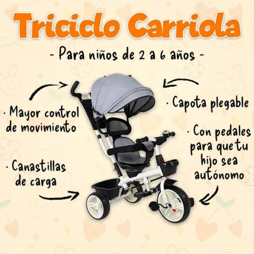 Triciclo Para Bebé Con Asiento Giratorio Carriola Ajustable