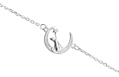 Pulsera De Plata Fina 925 Gato,estrella, Sobre Luna Diámetro 16 Cm