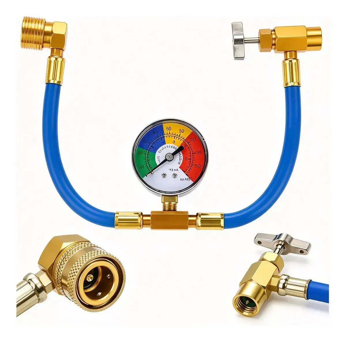 Kit Manguera Recarga Gas R134a para Auto y Refrigeración con Manómetro, Conexión Rápida y Adaptador