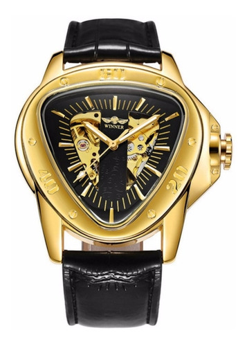 Relógio Luxo Winner Dourado Triangulo Automático Couro Ouro