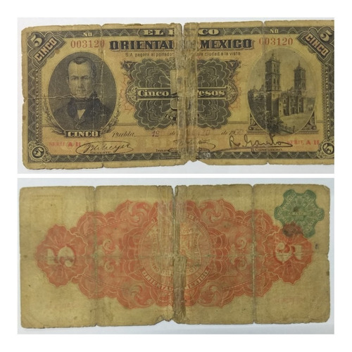 Billete De Puebla, El Banco Oriental De México. $5. Año 1900 (Usado)