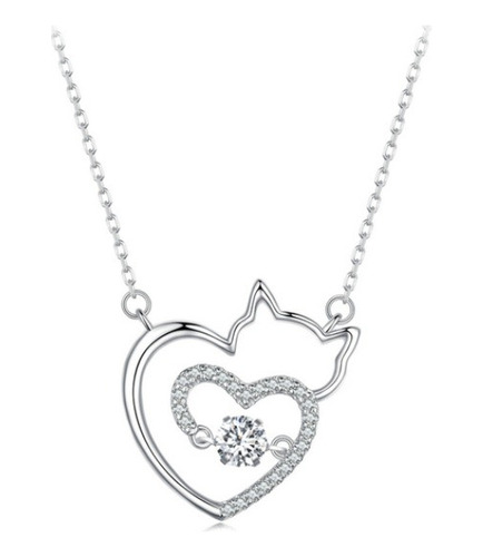 Collar Cadena Mujer Dije Gato Corazón Fabricado En Plata 925