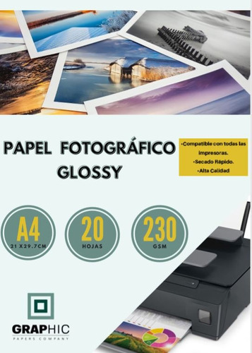 Papel Fotografico Glossy 230grs Tamaño A4 Paquete 20 Hojas