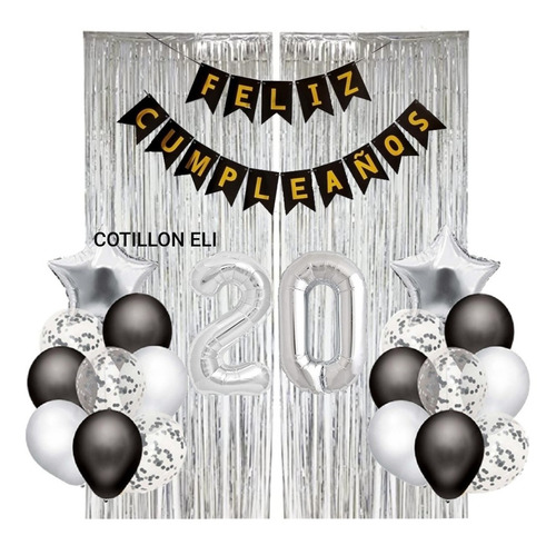 Imagen 1 de 1 de Combo Plateado Negro Blanco Globo Banderin Numero Cortinas