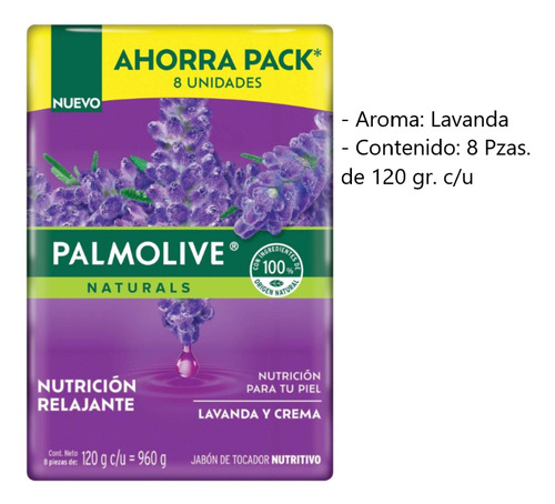 Jabón En Barra Palmolive Naturals Lavanda Y Crema 8 Pz. Drop