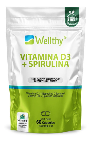 Vitamina D3 + Espirulina 60 Cap Empaque Bottle Free Wellthy Sabor Vitamina D3 Con Espirulina