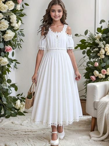 Vestido Branco Elegante Para Meninas Adolescentes Com Acabam