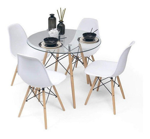 Comedor Mesa Eames Vidrio 80cm + 4 Sillas Eames Blancas