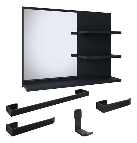 Armário Espelheira Prateleira Kit Banheiro Inox Rápido Móvel Preto